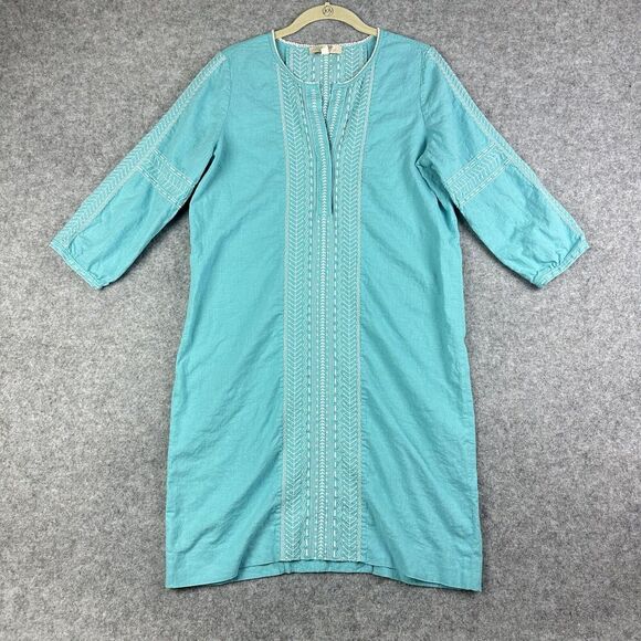 Etcetera Linen Blend Dress Womens 6 Blue Geometric Embroidered Coastal Beach* - Picture 1 of 16